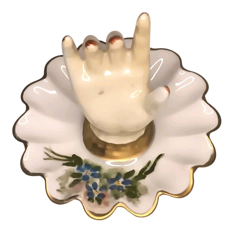 Vintage 1967 Miniature Porcelain Hand Painted Ring Holder Dish Blue Flowers 3.5"
